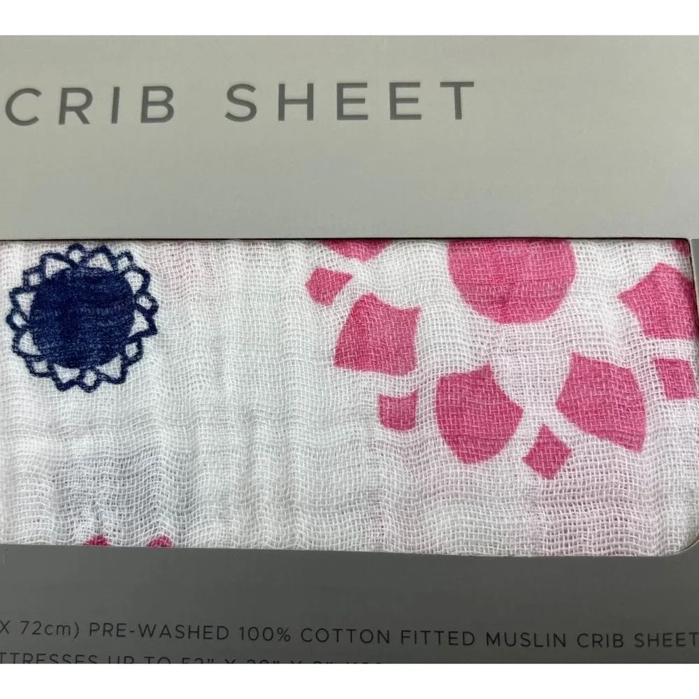 Primrose Indigo Cotton Muslin Fitted Baby Crib Sheet White Standard Mattress NWT